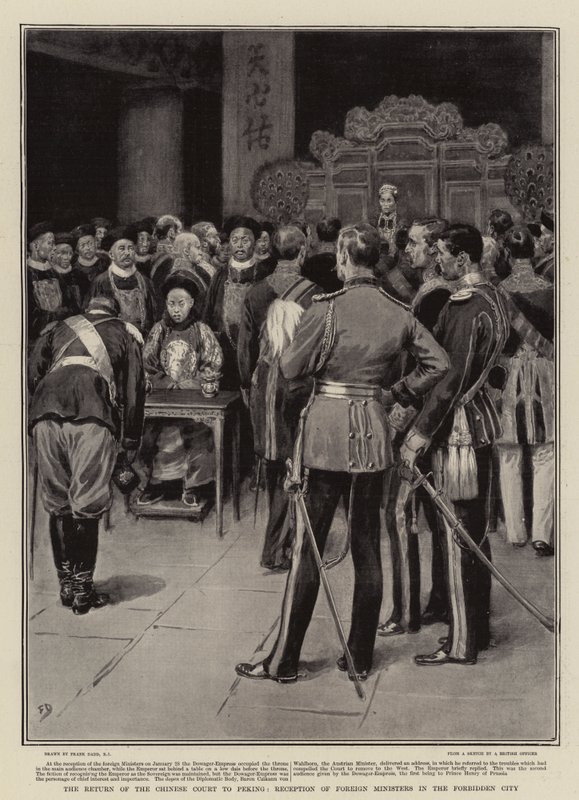 Den kinesiske domstols tilbagevenden til Peking, modtagelse af udenrigsministre i den forbudte by af Frank Dadd
