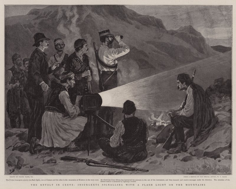 Oprøret på Kreta, oprørere, der signalerer med et blitzlys på bjerget af Frank Dadd