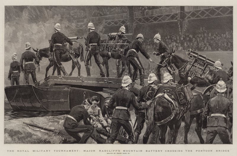 Den kongelige militærturnering, Major Radcliffs bjergbatteri krydser pontonbroen af Frank Dadd