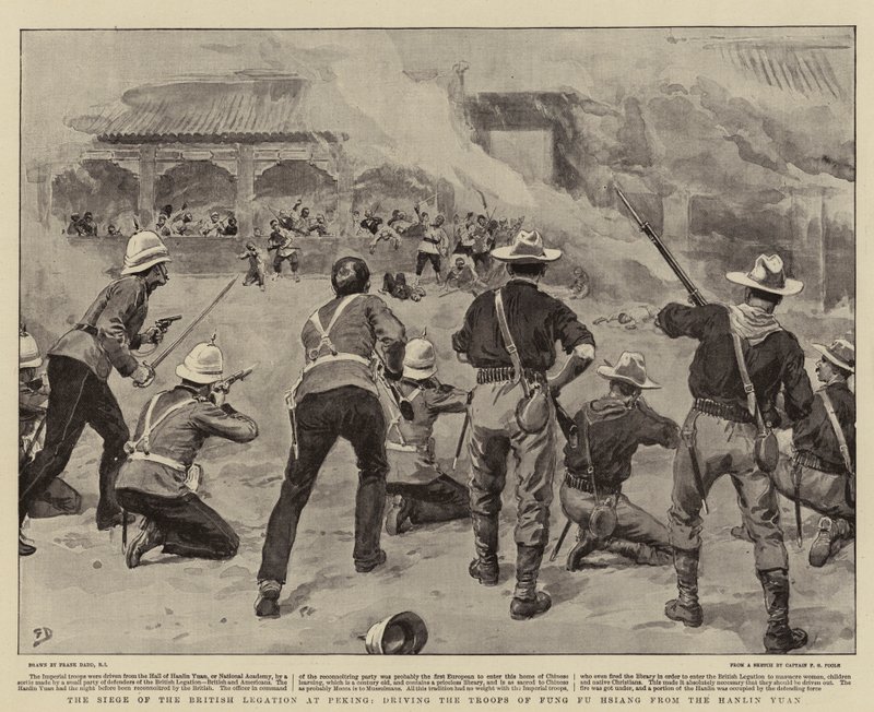 Belejringen af den britiske legation i Peking, der driver Kung Fu Hsiangs tropper fra Hanlin Yuan af Frank Dadd