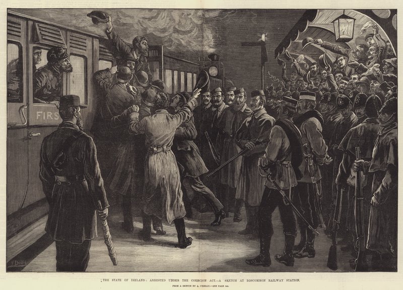 Staten i Irland, arresteret i henhold til Coercion Act, en skitse på Roscommon Railway Station af Frank Dadd