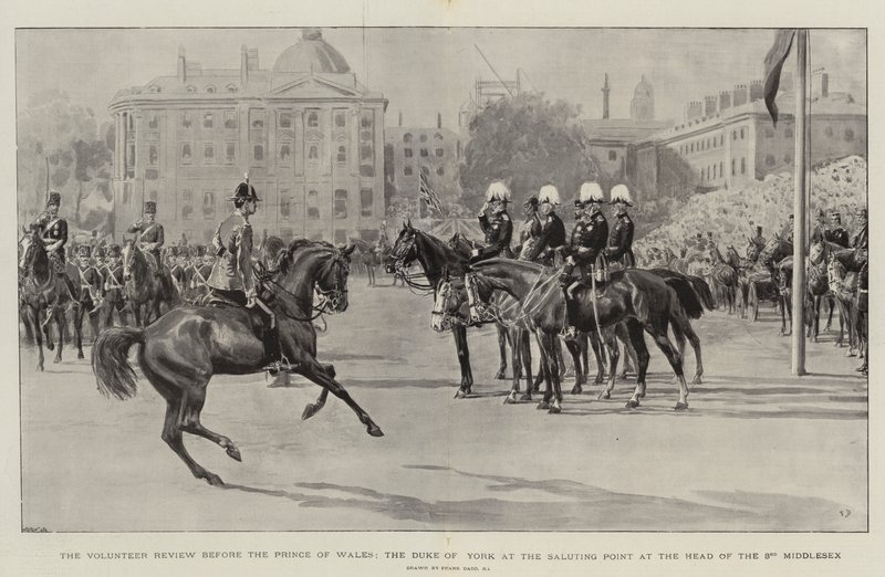 Den frivillige anmeldelse før prinsen af Wales, hertugen af York ved Saluting Point i spidsen for den 3. Middlesex af Frank Dadd