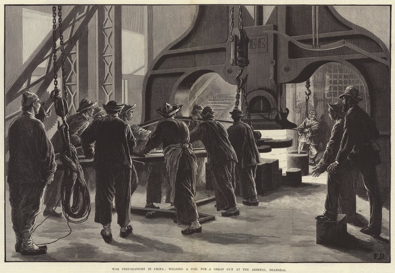 Krigsforberedelser i Kina, svejsning af en spole til en stor pistol ved Arsenalet, Shanghai af Frank Dadd