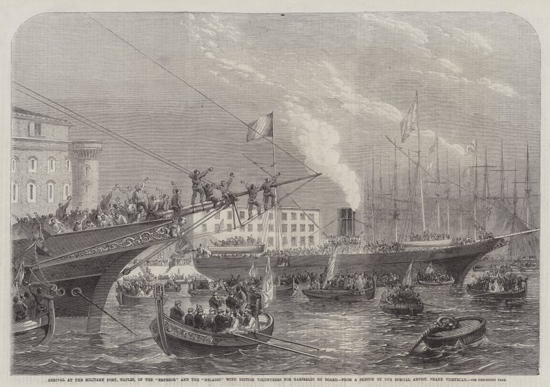 Ankomst til den militære havn, Napoli, af kejseren og Melazzo med britiske frivillige til Garibaldi ombord af Frank Vizetelly