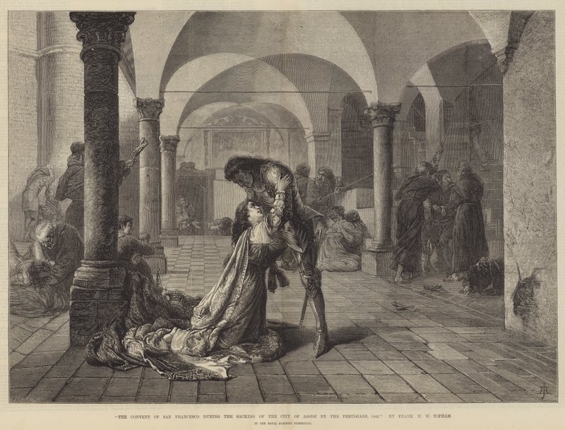 Klosteret San Francesco under plyndringen af byen Assisi af perugianerne, 1442 af Frank William Warwick Topham