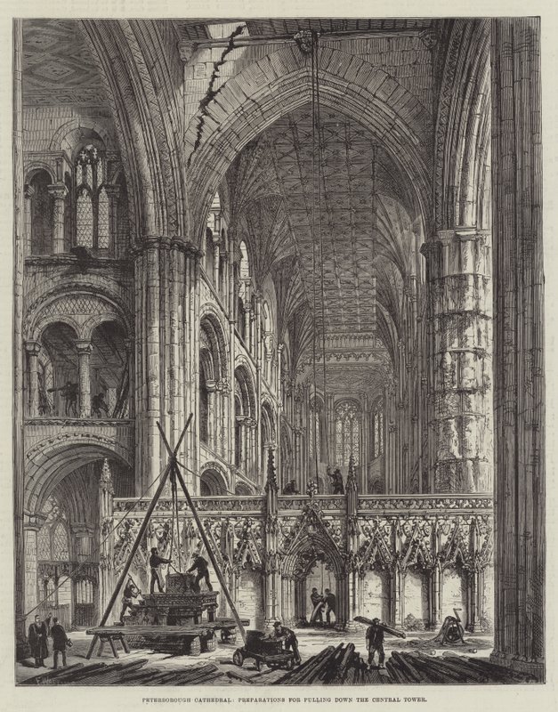 Peterborough Cathedral, Forberedelser til nedrivning af det centrale tårn af Frank Watkins