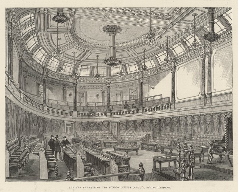 Det nye kammer i London County Council, Spring Gardens af Frank Watkins