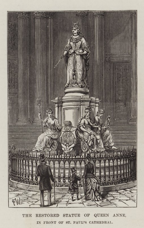 Den restaurerede statue af dronning Anne, foran St. Paul