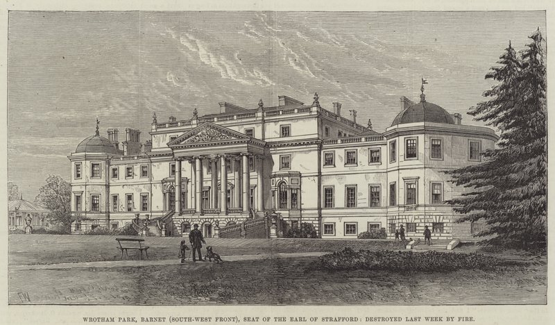 Wrotham Park, Barnet (Sydvestfronten), sæde for jarlen af Strafford, ødelagt i sidste uge af brand af Frank Watkins