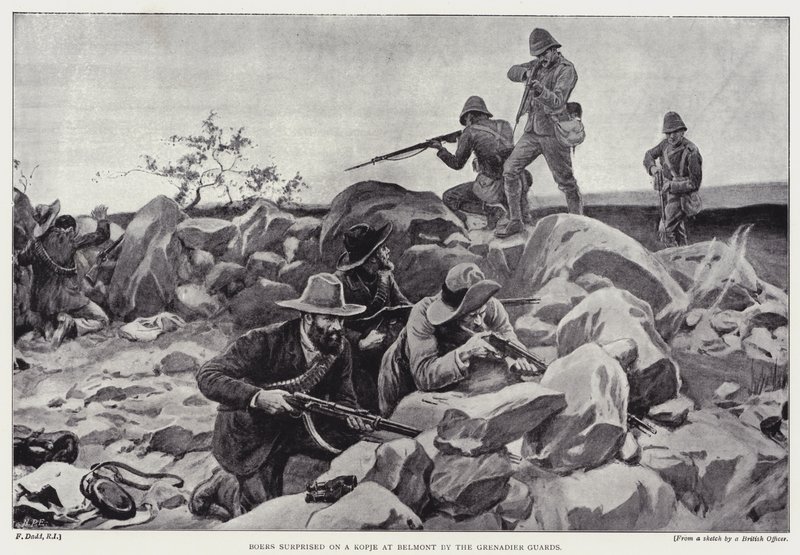 Boere overrasket på en kopje ved Belmont af Grenadier Guards (litho) af Frank (after) Dadd