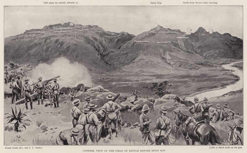 Generelt billede af kampfeltet før Spion Kop (litho) af Frank (after) Dadd
