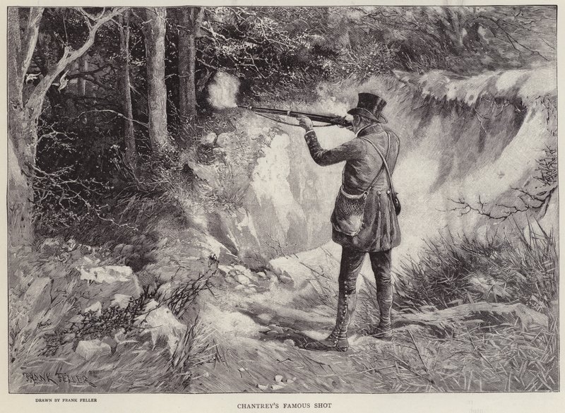 Sir Francis Chantrey dræber to skovhaner med ét skud under jagt i Holkham Hall, Norfolk (litho) af Frank (after) Feller