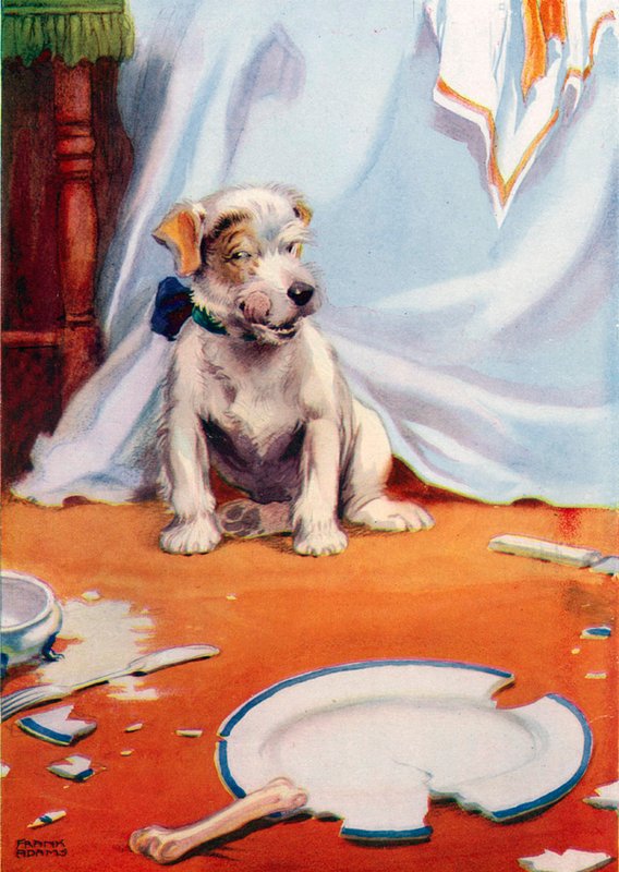 Hund med knækket tallerken (farve litho) af Frank Adams