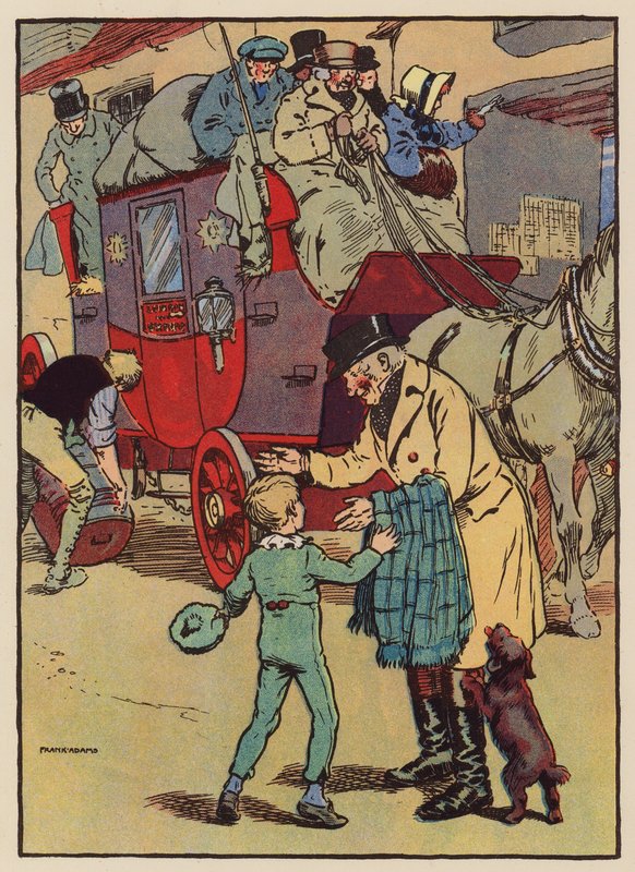 Oldefar kørte i diligence (farvelitografi) af Frank Adams