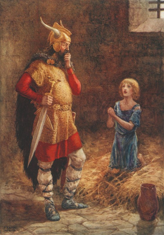 Havelok Begs Mercy of Godard, fra den gamle ballade Havelok the Dane (farve litho) af Frank Adams