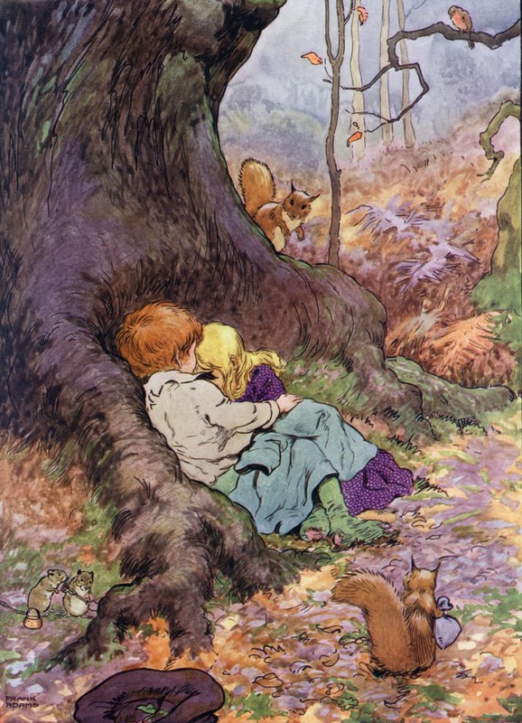 Illustration til The Babes in the Wood (farve litho) af Frank Adams