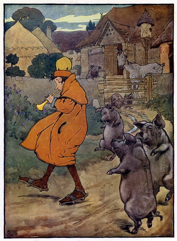 Illustration til historien om Tom Piberens søn (farve litho) af Frank Adams