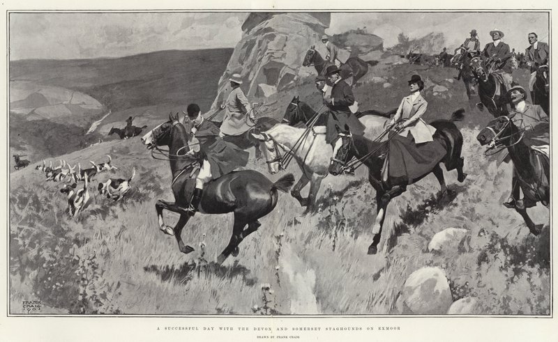 En vellykket dag med Devon og Somerset Staghounds på Exmoor (litho) af Frank Craig