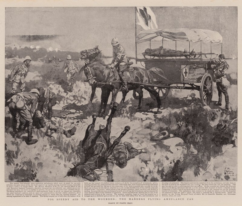 For hurtig hjælp til de sårede, Manders Flying Ambulance Car (litho) af Frank Craig