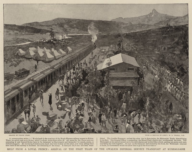 Hjælp fra en loyal prins, ankomst af det første tog fra Gwalior Imperial Service Transport ved Kushalgarh af Frank Craig