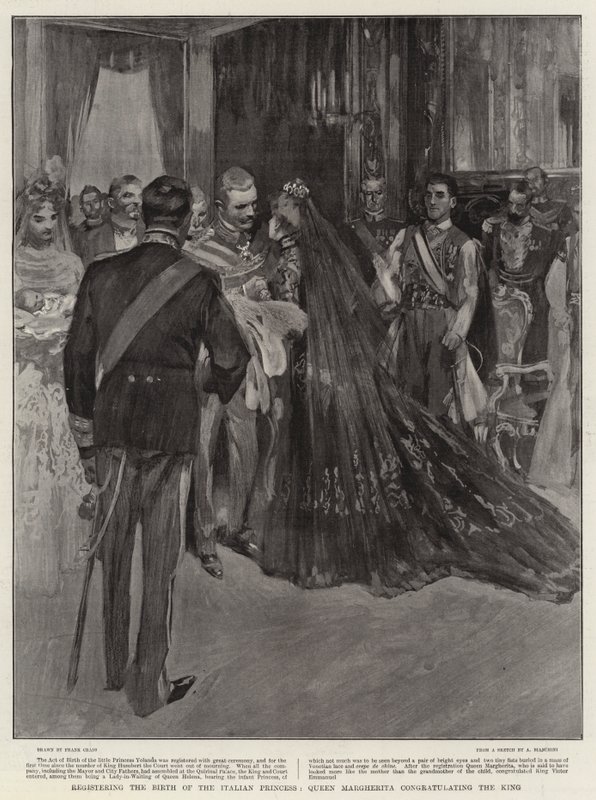 Dronning Margherita, der registrerer den italienske prinsesses fødsel, lykønsker kongen af Frank Craig