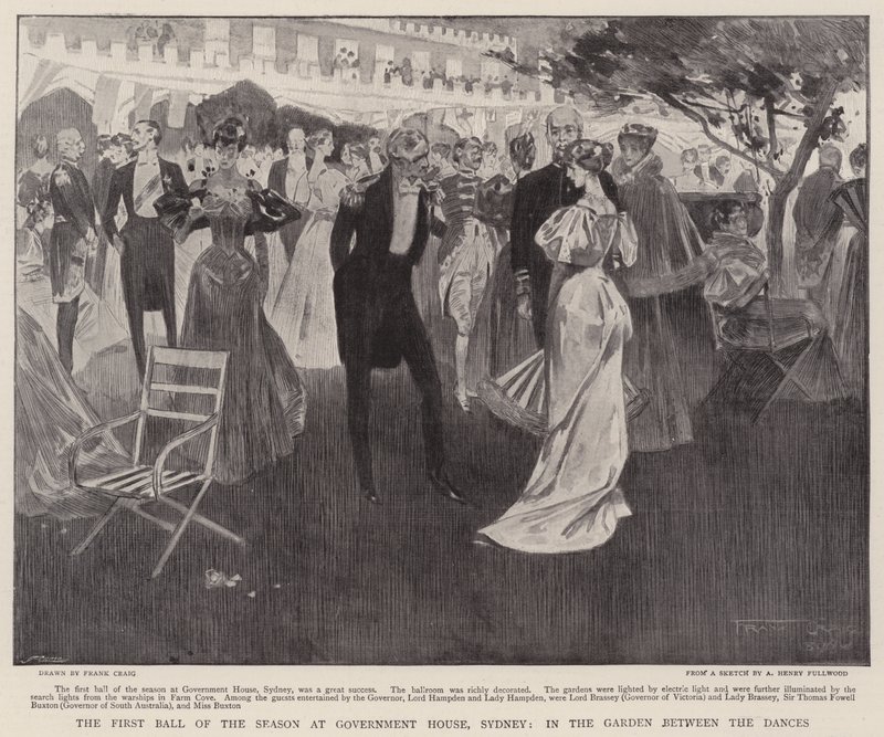 Sæsonens første bal i Government House, Sydney, i haven mellem dansene af Frank Craig