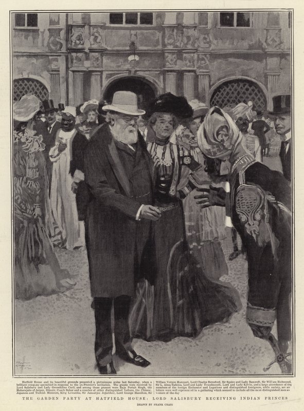 Havefesten i Hatfield House, Lord Salisbury, der modtager indiske prinser af Frank Craig