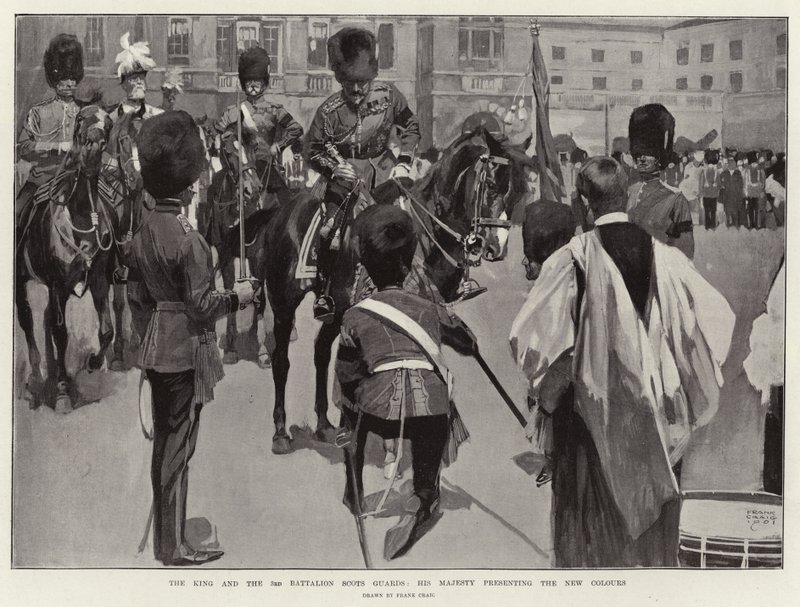 Kongen og 3. bataljon Scots Guards, Hans Majestæt overrækker de nye faner af Frank Craig