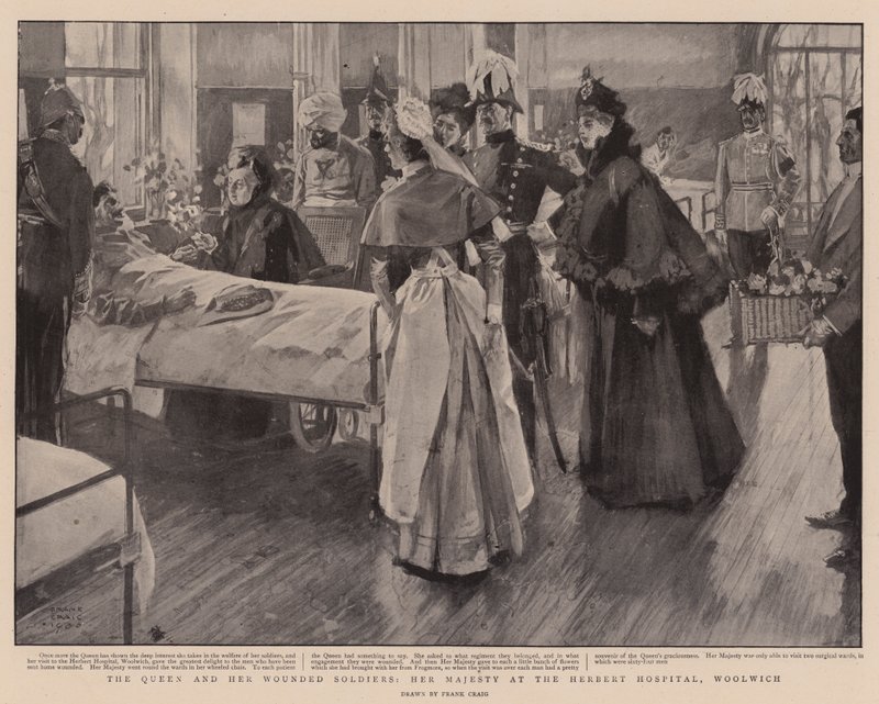 Dronningen og hendes sårede soldater, Hendes Majestæt på Herbert Hospital, Woolwich af Frank Craig