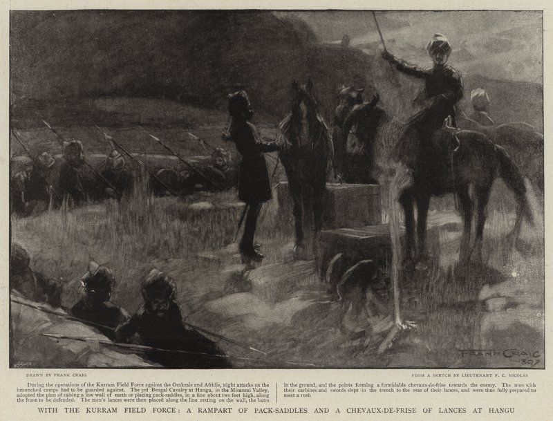 Med Kurram-feltstyrken, et panserværn af paksadler og en chevaux-de-frise af lanser ved Hangu af Frank Craig