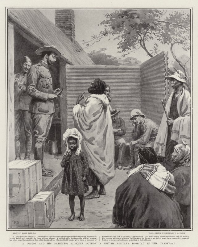 En læge og hans patienter, en scene uden for et britisk militærhospital i Transvaal af Frank Dadd