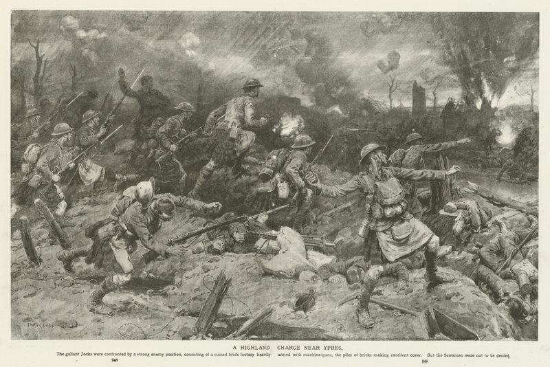 A Highland Charge nær Ypres, Første Verdenskrig af Frank Dadd