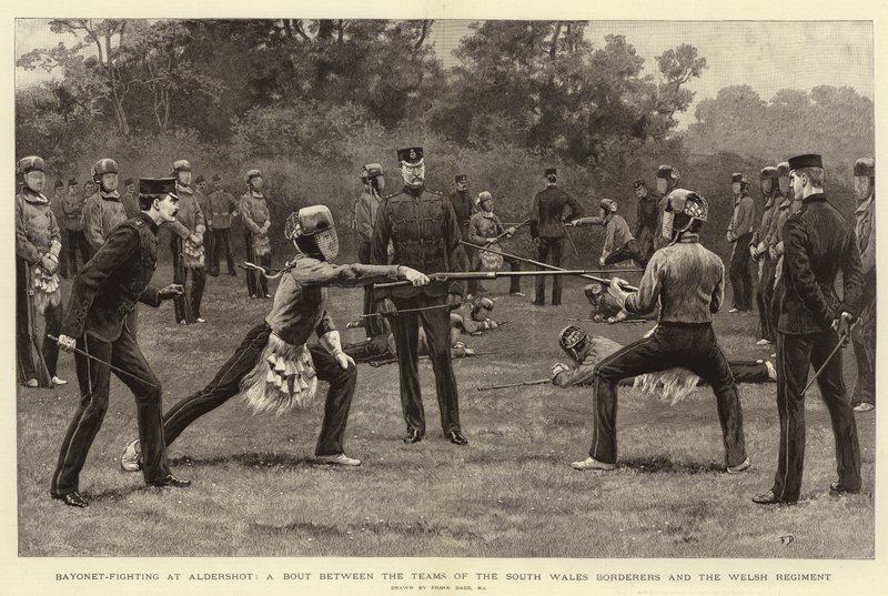 Bajonetkamp i Aldershot, en kamp mellem hold fra South Wales Borderers og Welsh Regiment af Frank Dadd