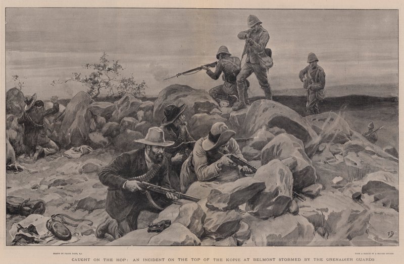 Fanget on the Hop, en hændelse på toppen af Kopje ved Belmont stormet af Grenadier Guards af Frank Dadd