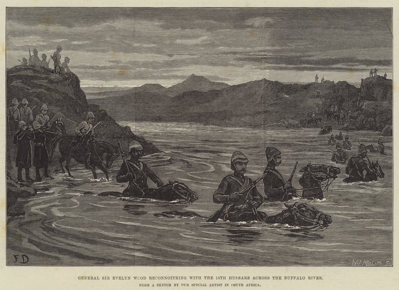 General Sir Evelyn Wood rekognoscerer med de 15. husarer over Buffalo River af Frank Dadd