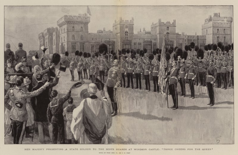 Hendes Majestæt præsenterer en statsfarve til de skotske garder på Windsor Castle, Three Cheers for the Queen af Frank Dadd