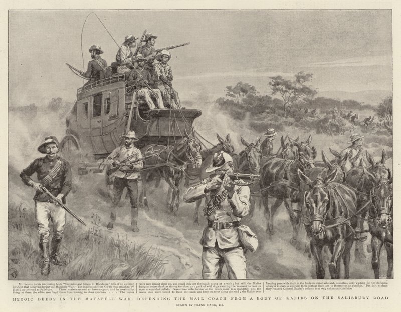 Heltegerninger i Matabele-krigen, forsvaret af postvognen mod en flok kafirer på Salisbury Road af Frank Dadd
