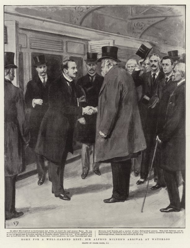 Hjem til et velfortjent hvil, Sir Alfred Milners ankomst til Waterloo af Frank Dadd