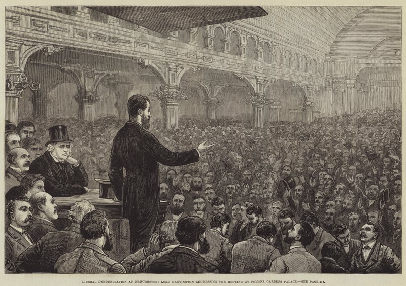 Liberal Demonstration i Manchester, Lord Hartington taler til mødet i Pomona Gardens Palace af Frank Dadd
