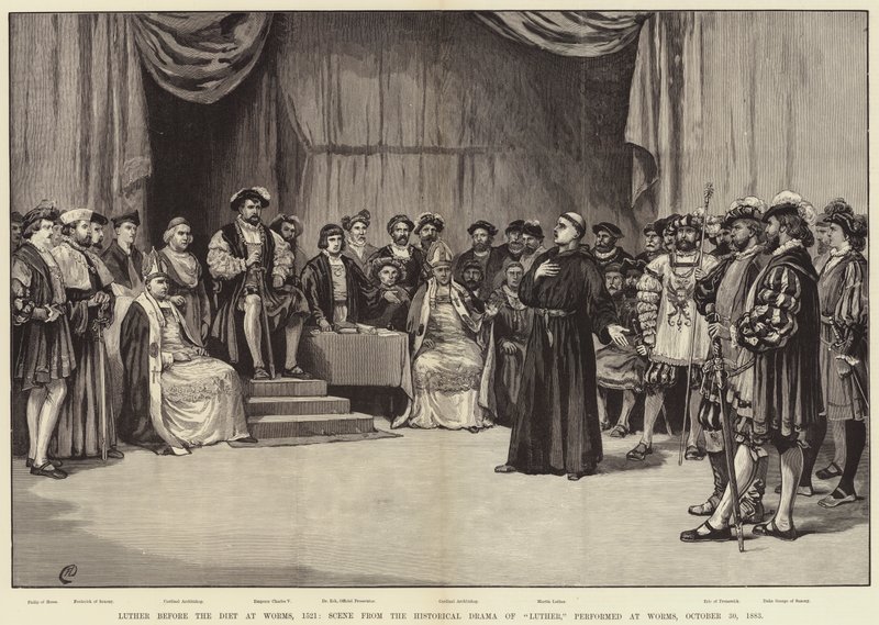 Luther før rigsdagen i Worms, 1521, Scene fra Luthers historiske drama, opført i Worms, 30. oktober 1883 af Frank Dadd