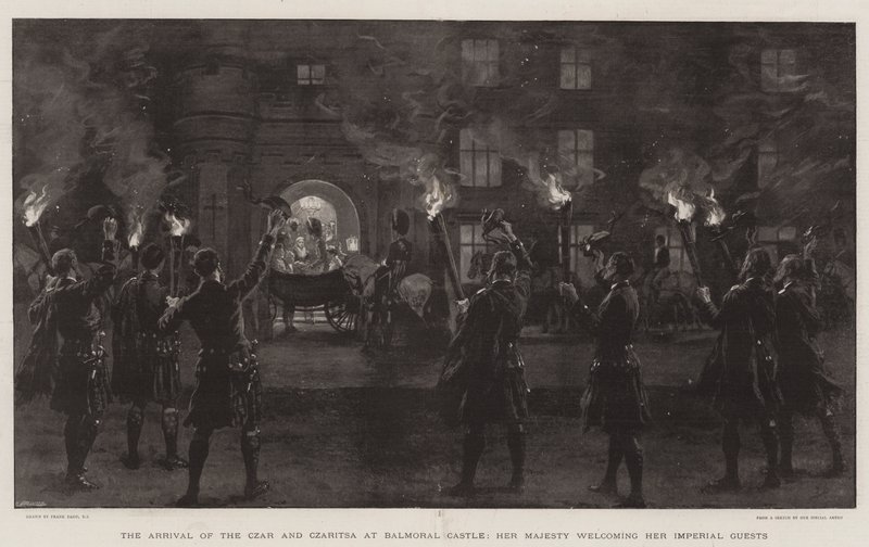 Czarens og Czaritsas ankomst til Balmoral Slot, Hendes Majestæt byder sine kejserlige gæster velkommen af Frank Dadd