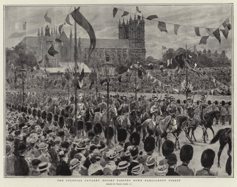 Colonial Cavalry Escort passerer ned ad Parliament Street af Frank Dadd