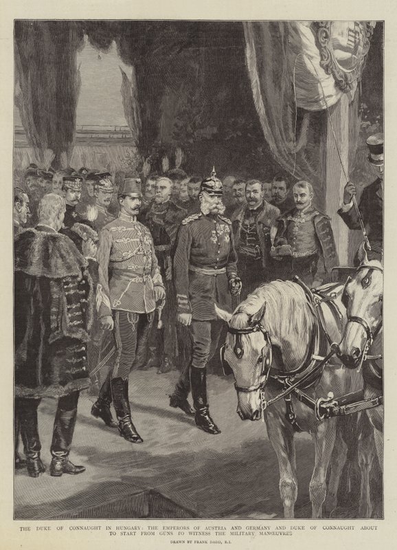 Hertugen af Connaught i Ungarn, kejserne af Østrig og Tyskland og hertugen af Connaught ved at starte fra kanoner for at være vidne til de militære manøvrer af Frank Dadd