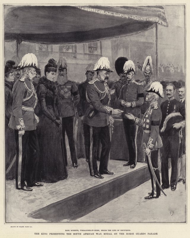 Kongen præsenterer den sydafrikanske krigsmedalje på Horse Guards Parade af Frank Dadd