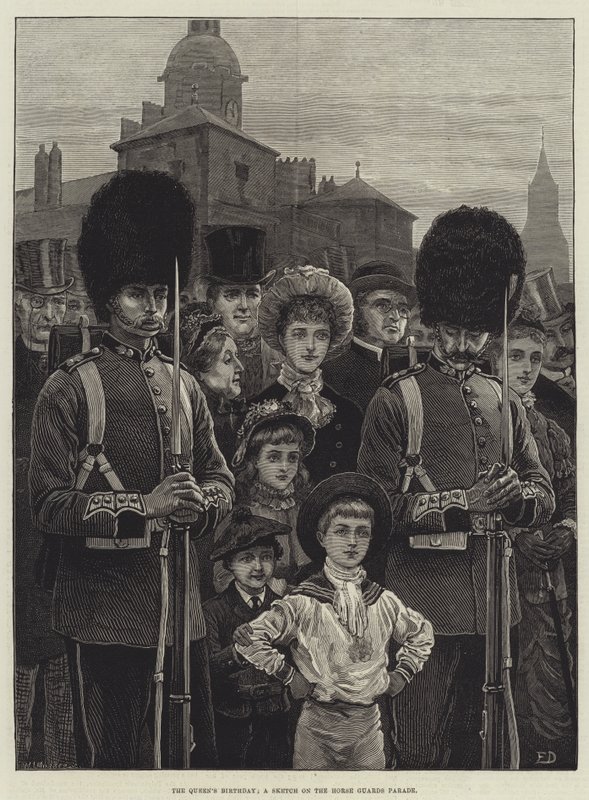 Dronningens fødselsdag, en skitse på hestevagtparaden af Frank Dadd