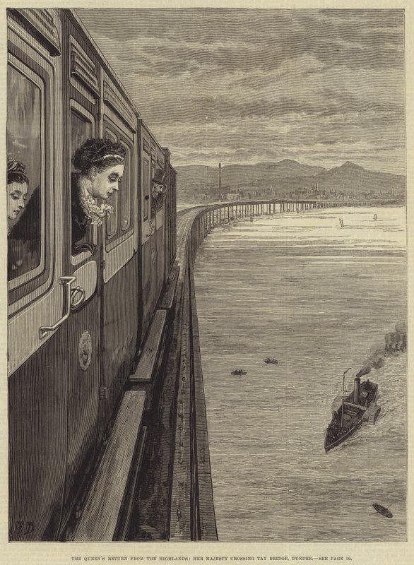 Dronningens tilbagevenden fra højlandet, Hendes Majestæt krydser Tay Bridge, Dundee af Frank Dadd