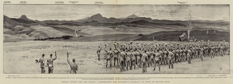 Tre Skål for Dronningen, der fejrer Hendes Majestæts fødselsdag i syne af Majuba Hill af Frank Dadd
