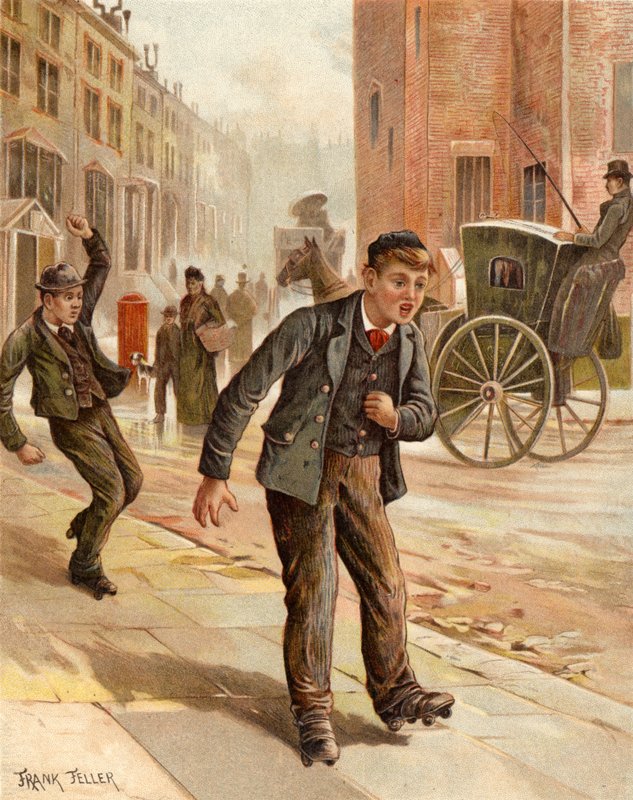 En tvivlsom drejning, dreng på rulleskøjter (chromolitho) af Frank Feller
