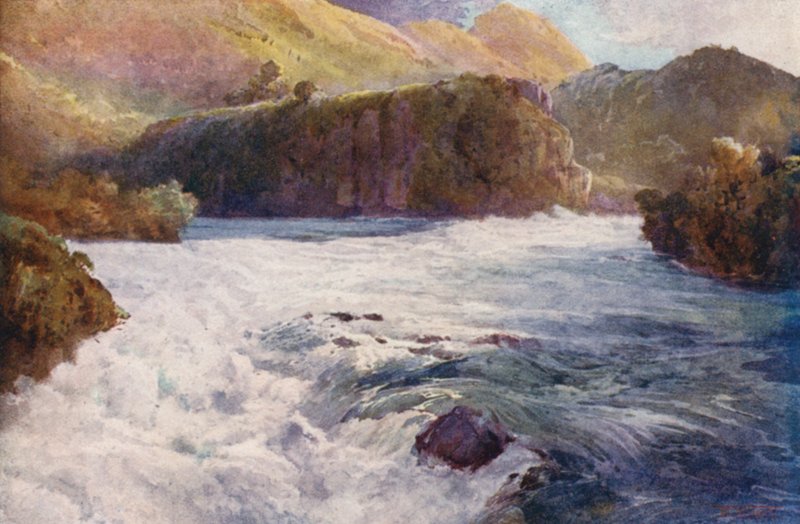 New Zealand: Aratiatia Rapids (farvelitografi) af Frank H Wright