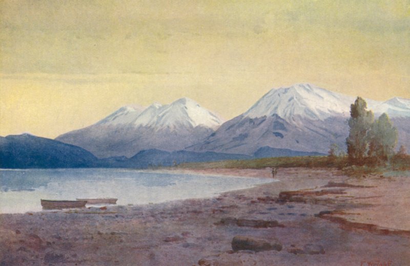 New Zealand: Ved foden af søen Te-Anau (farvelitografi) af Frank H Wright